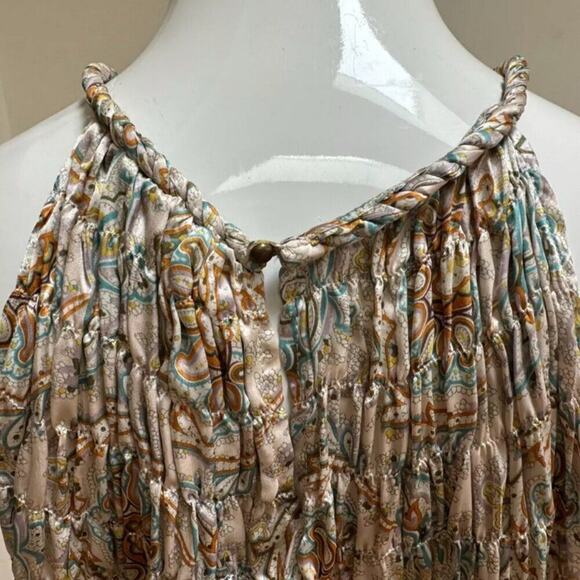 ZARA MINI DRESS TUNIC 100% SILK SMOCKED NECK HALTED PAISLEY ICONIC CHIC SZ M - Picture 7 of 16